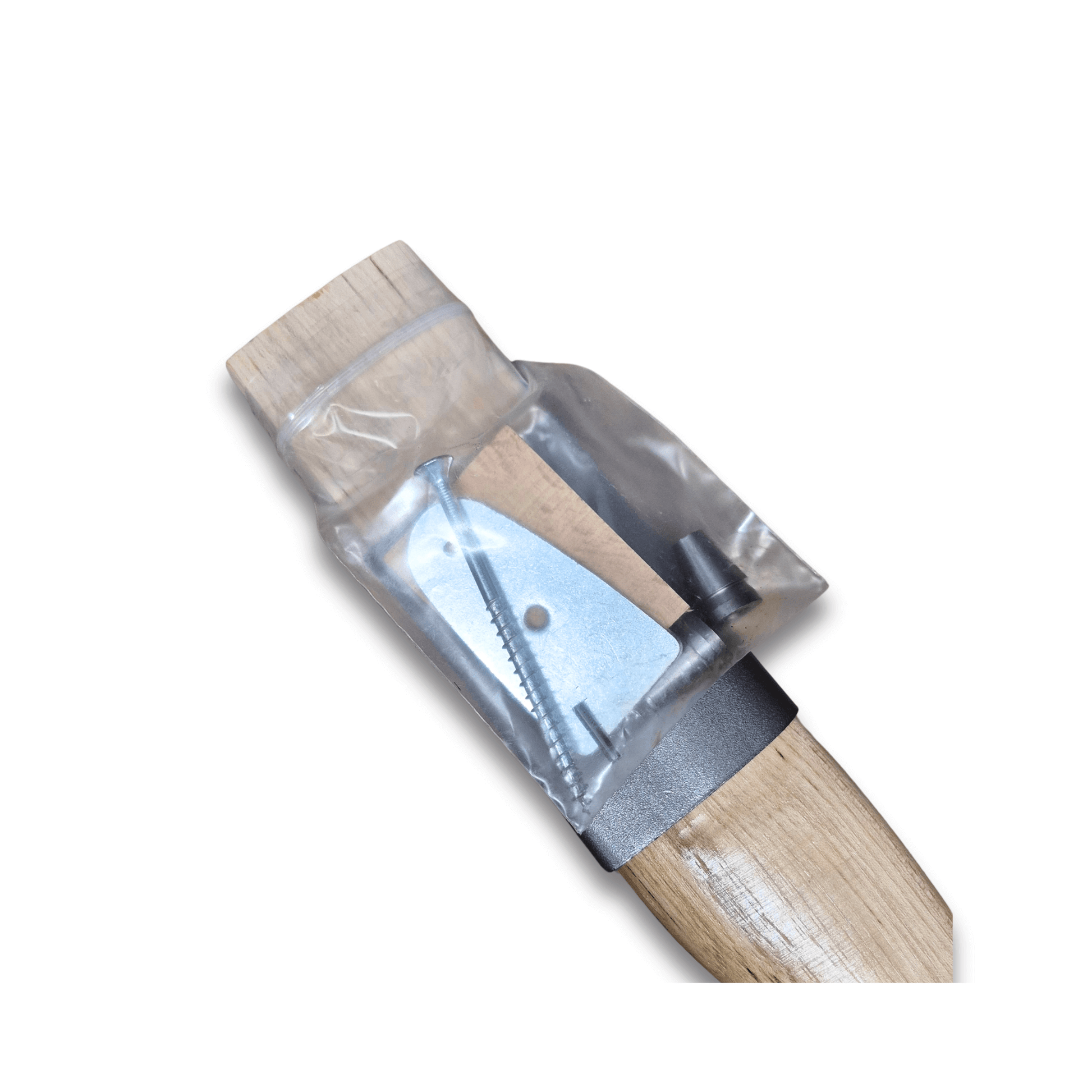 Hickory Handle 80cm for Cleaving Axe showing the end with attachment hardware and protective cover.