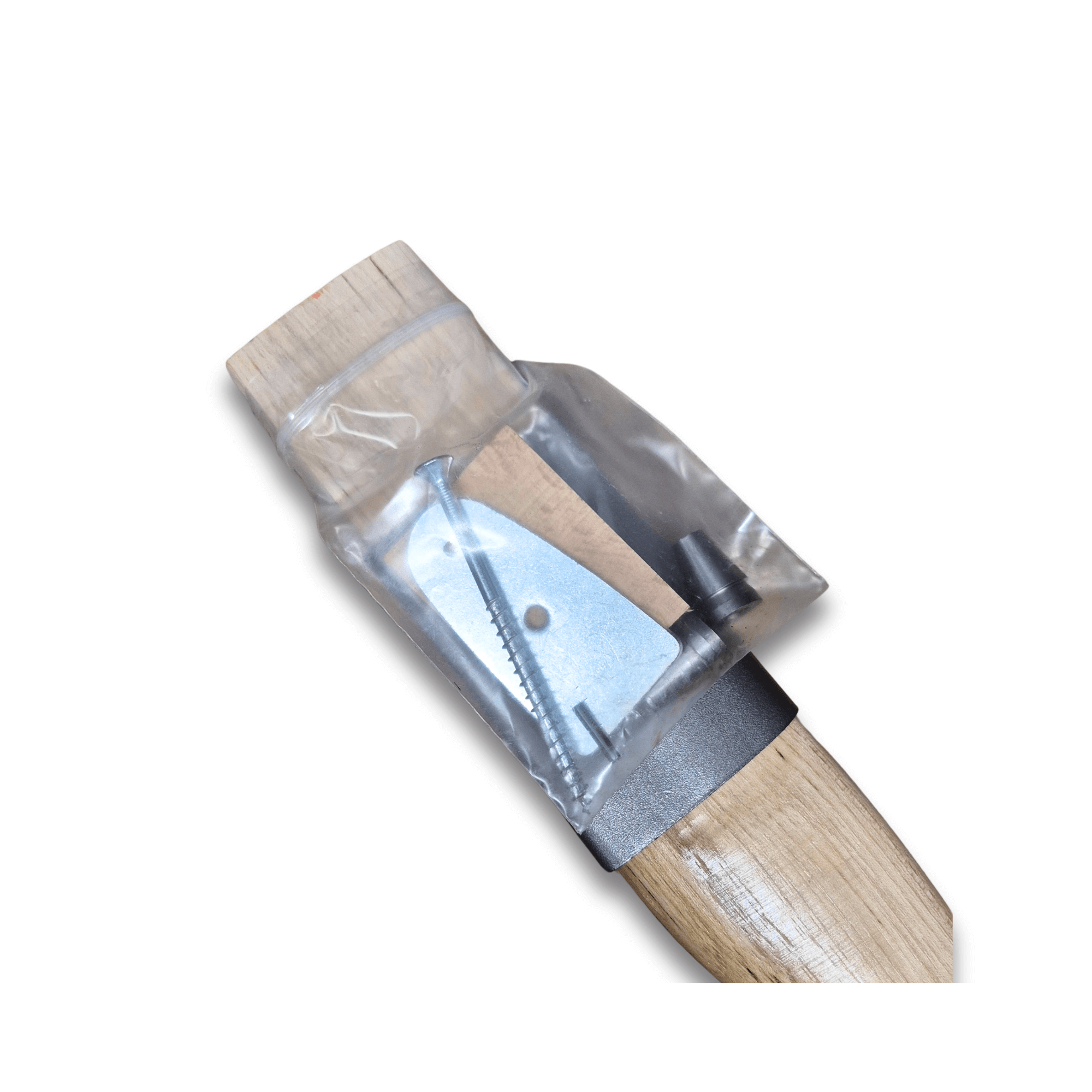 Hickory Handle 80cm for Cleaving Axe showing the end with attachment hardware and protective cover.