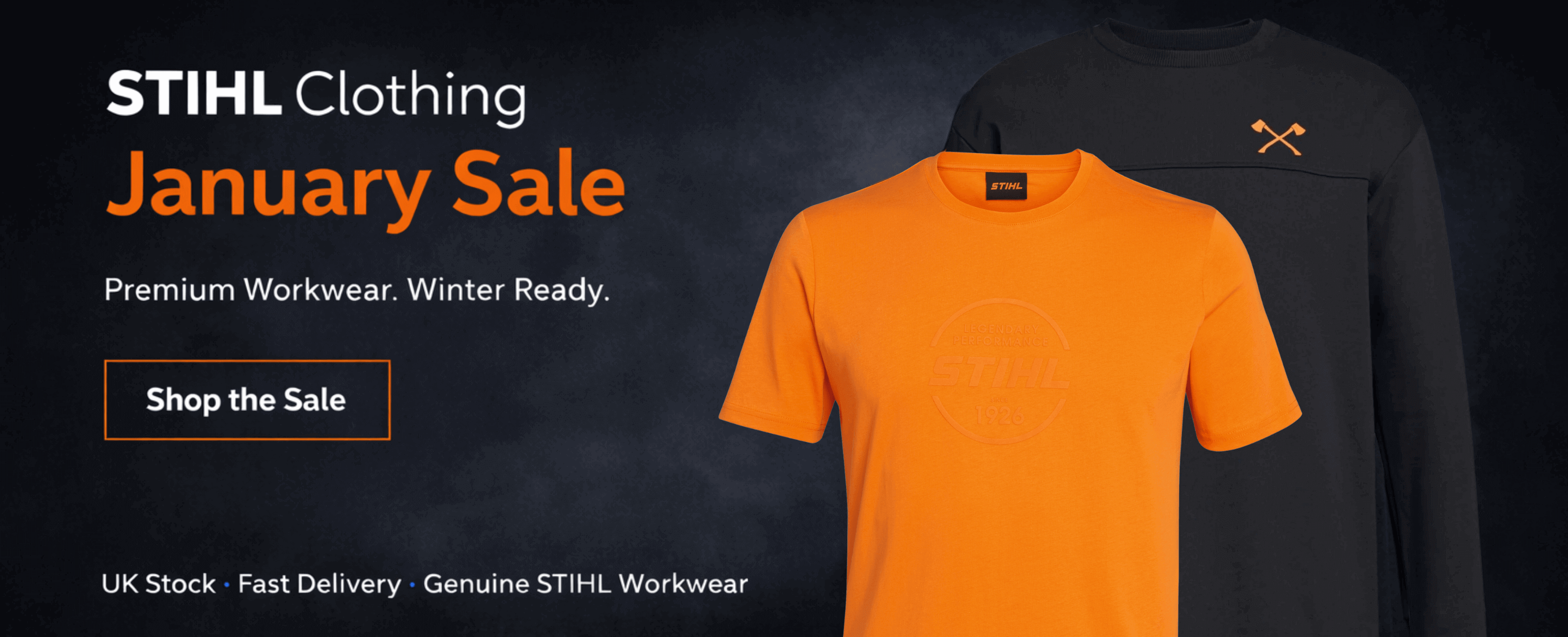 STIHL clothing sale advertisement with orange and black shirts on a dark background