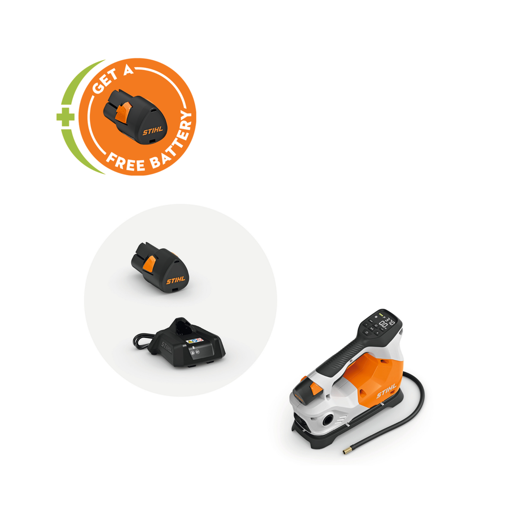 STIHL KOA 20 Cordless Compressor Kit with free AS 2 battery promotion displayed.