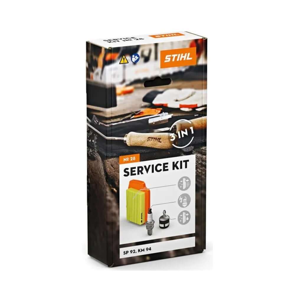 STIHL KombiEngine Service Kit packaging featuring air filter, spark plug, and fuel filter for tree surgeons.