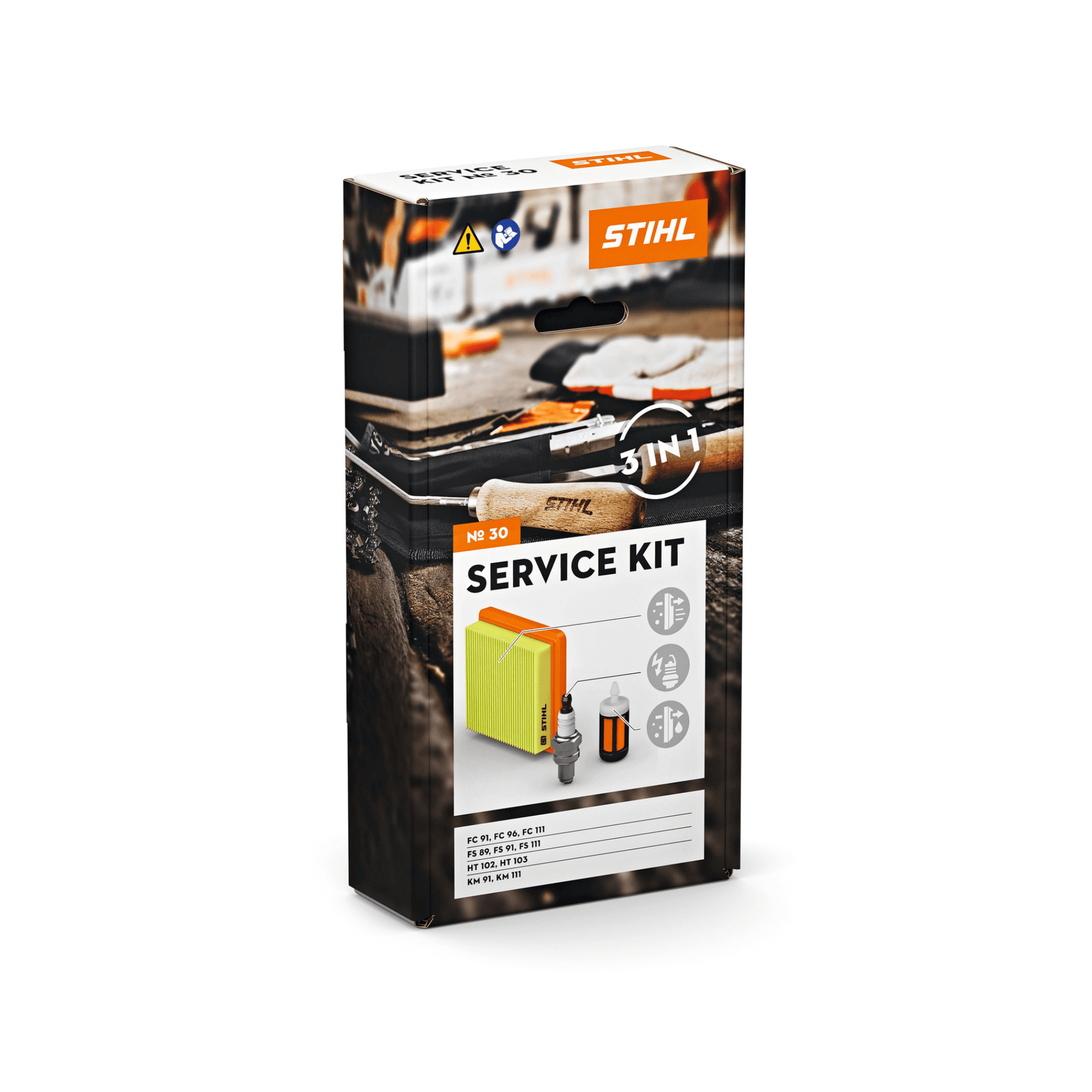 STIHL brushcutter service kits box with 3-in-1 service components for engine maintenance.