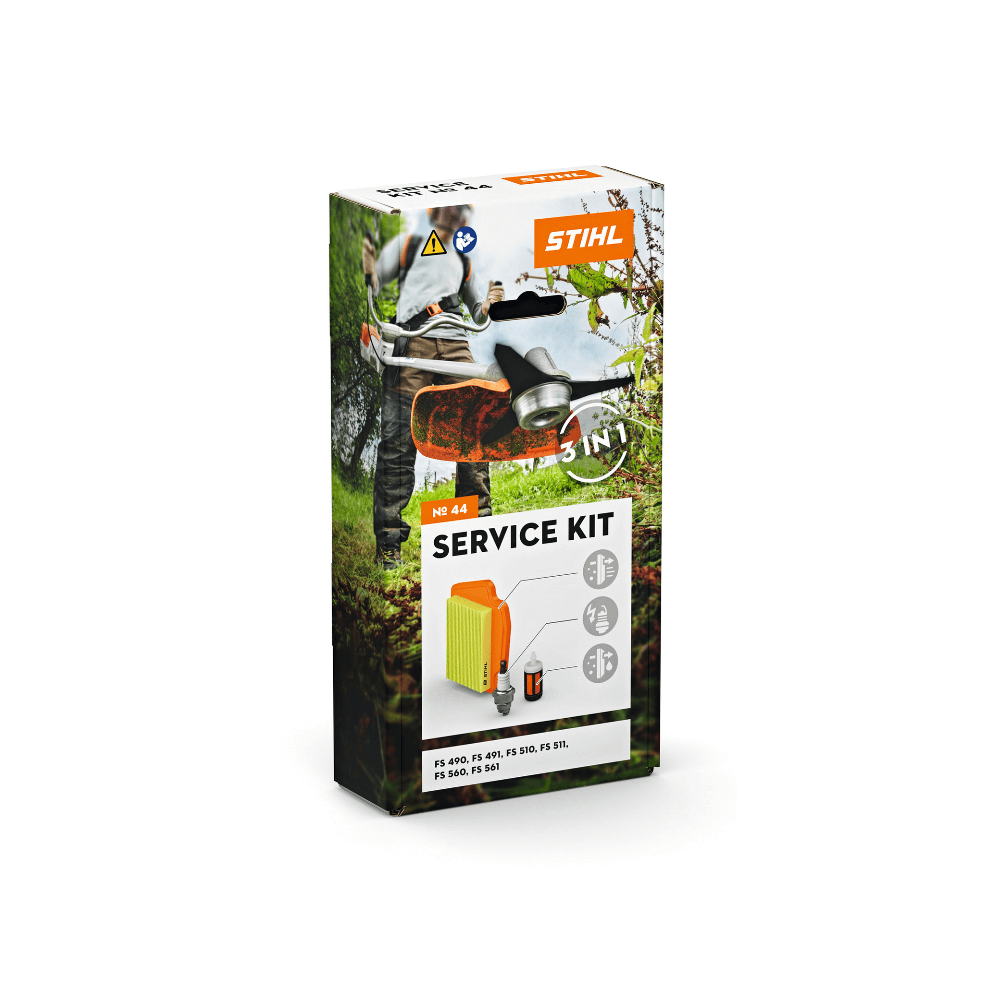 STIHL Brushcutter Service Kits box featuring 3-in-1 service components for optimal tool maintenance.