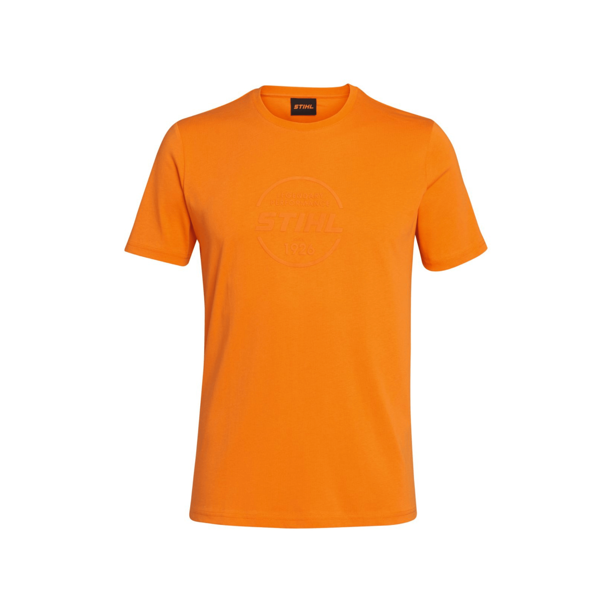 STIHL Logo Circle T-Shirt Orange featuring comfortable cotton fabric and iconic branding.