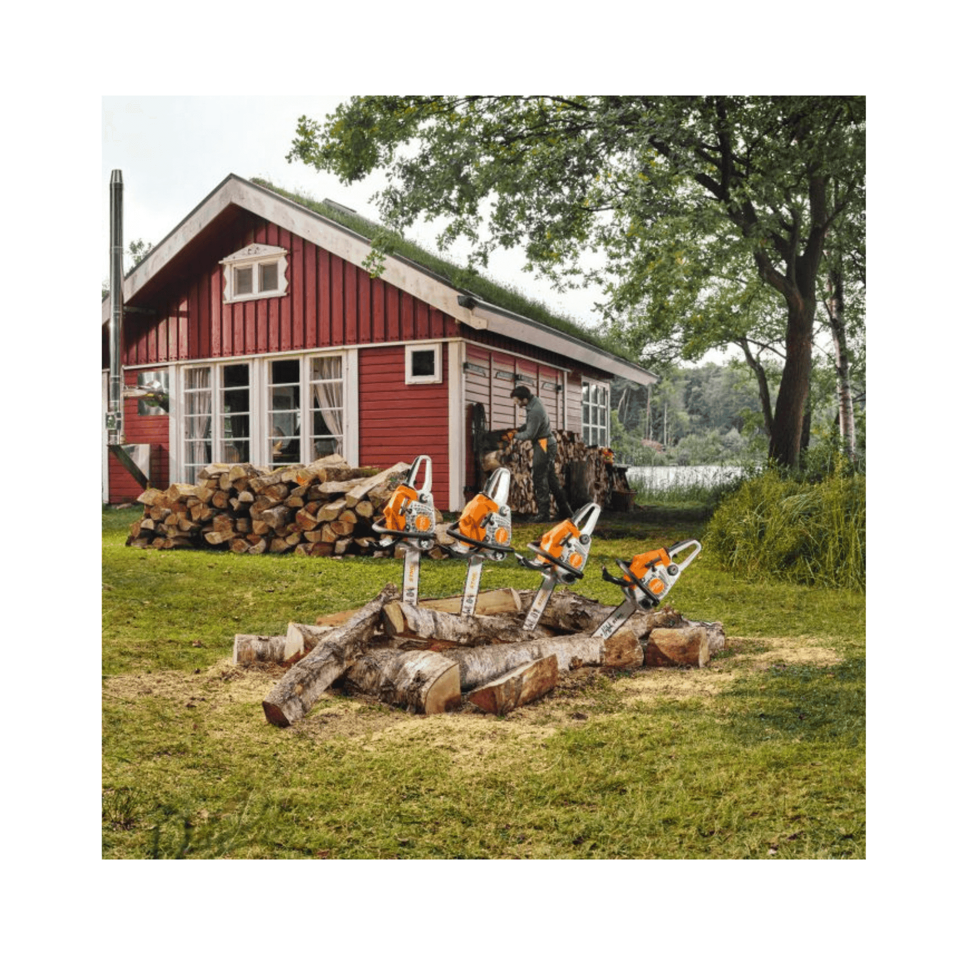 STIHL MS 212 C-BE petrol chainsaws displayed outdoors, ready for tree surgery or wood preparation.