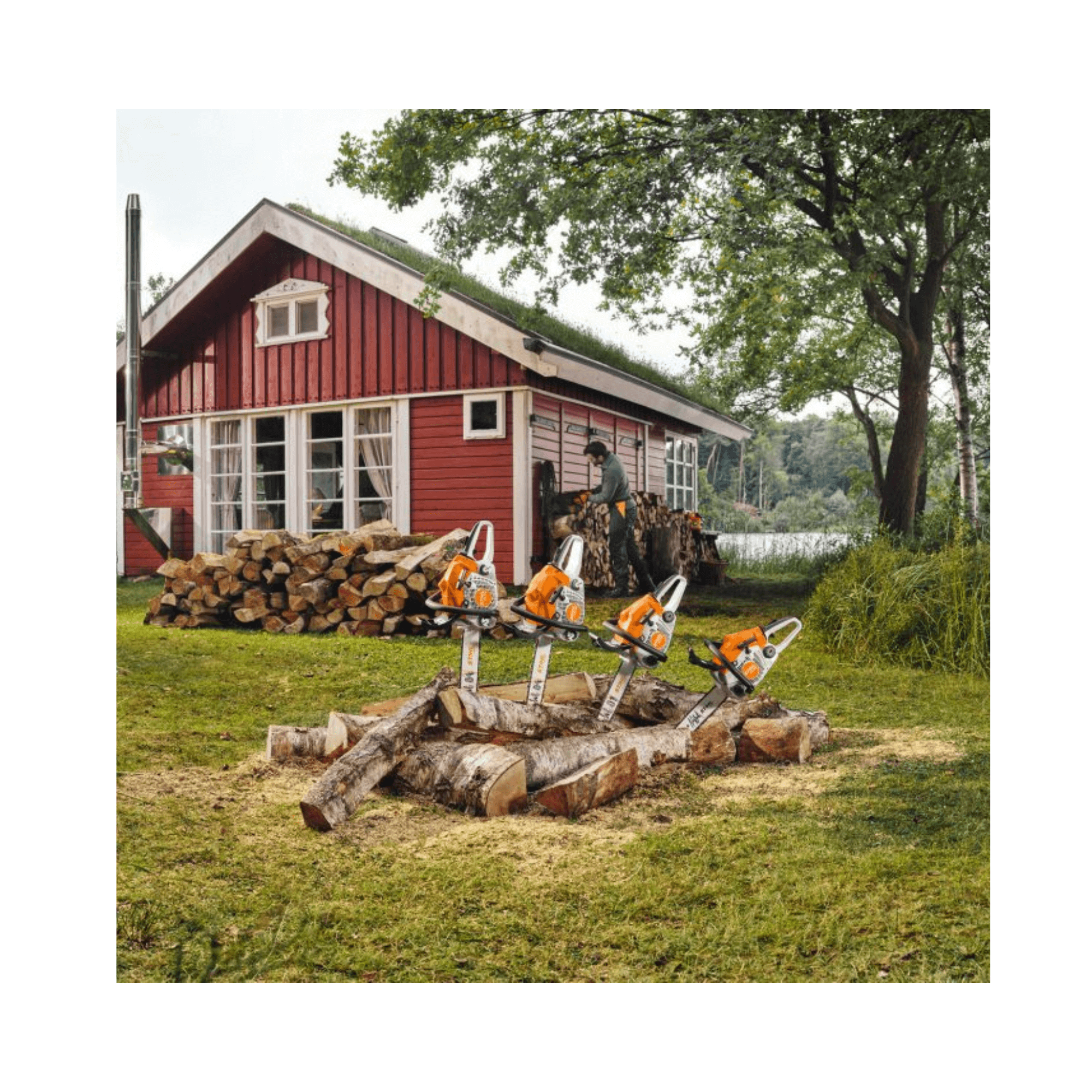 STIHL MS 212 C-BE petrol chainsaws displayed outdoors, ready for tree surgery or wood preparation.
