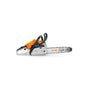 STIHL MS 212 C-BE petrol chainsaw with an orange and gray body, equipped with a guide bar and a chain drive system.