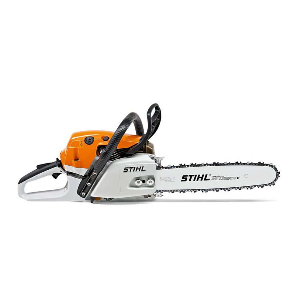 A STIHL MS 261 C-M VW Heated Handle Petrol Chainsaw with an orange body, gray and white guide bar, and black handles.