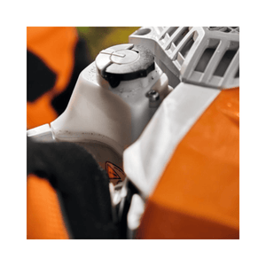 Close-up of the control features on the STIHL MS 400.1 C-M petrol chainsaw, designed for tree surgeons.