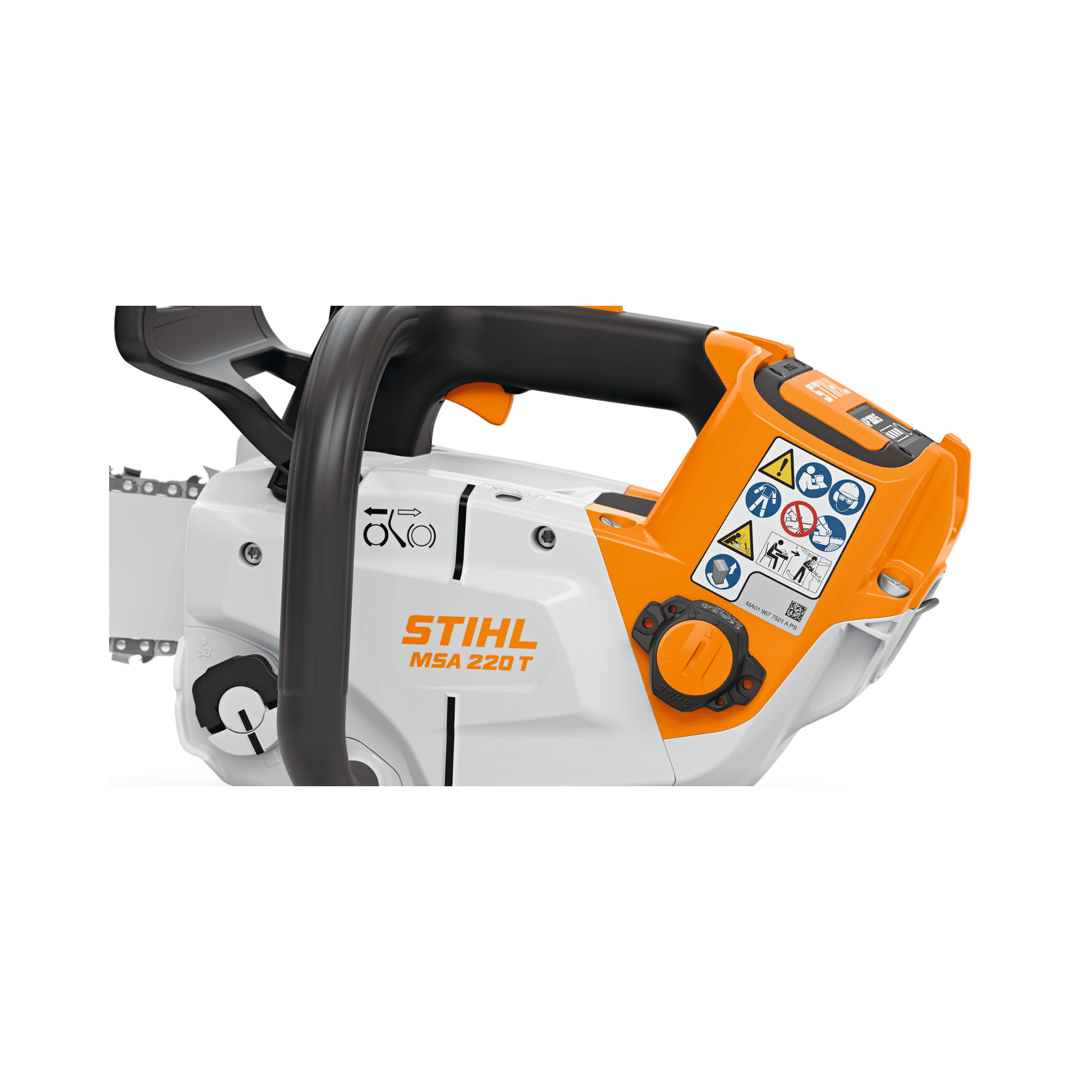 STIHL MSA 220 T cordless chainsaw for tree surgeons, featuring a powerful motor and ergonomic design.