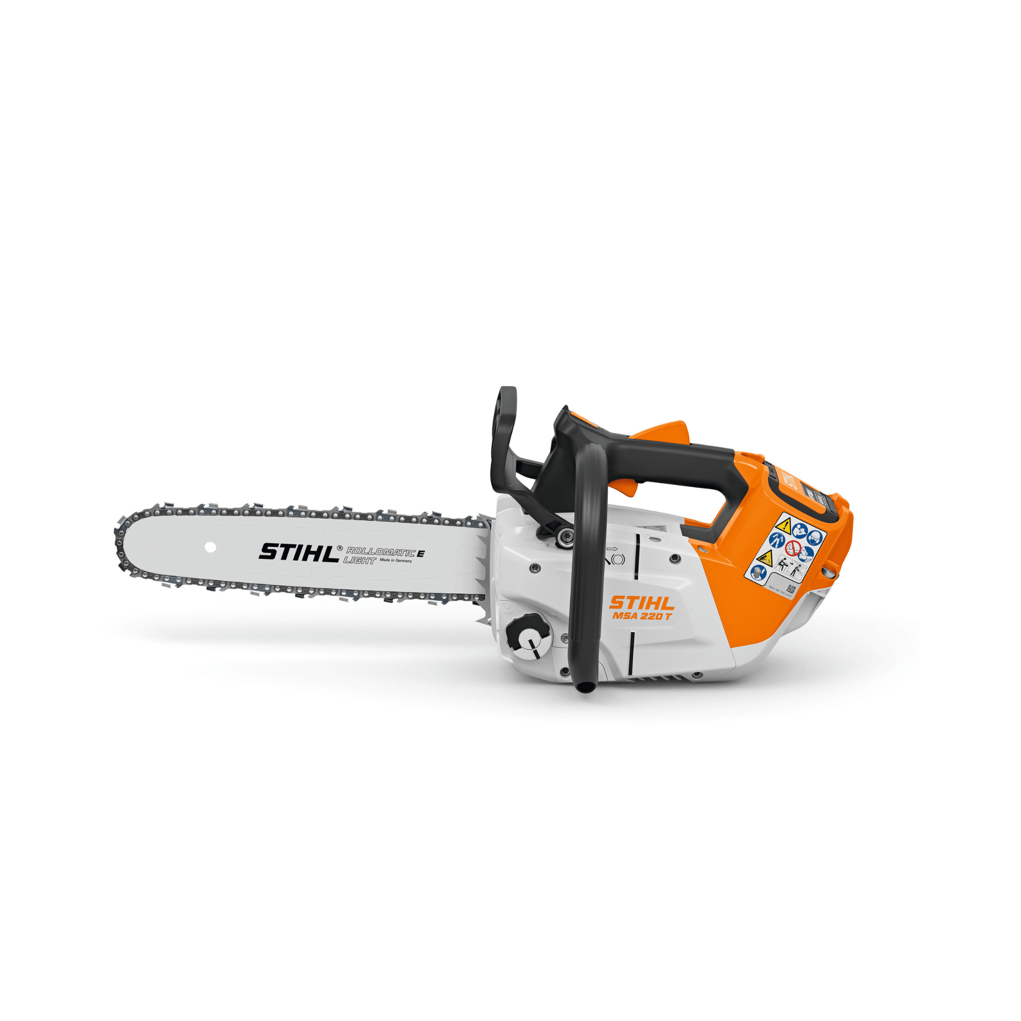 STIHL MSA 220 T cordless top-handle chainsaw for professional tree surgeons, ideal for precision cuts in tree care.