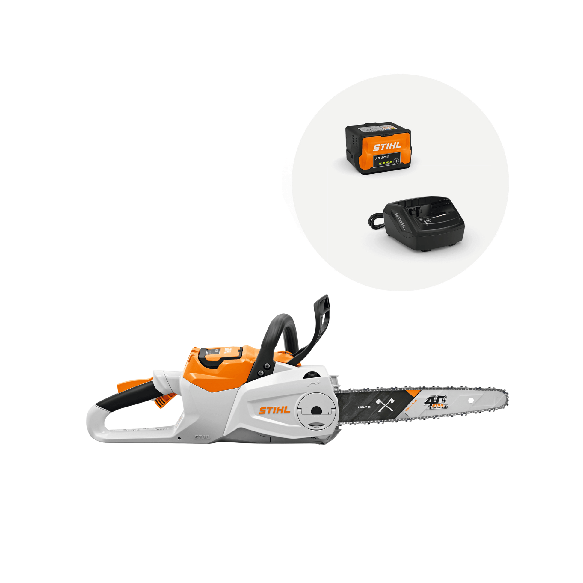 MSA 80 C-B Cordless Chainsaw Timbersports 40th Edition displayed with battery and charger