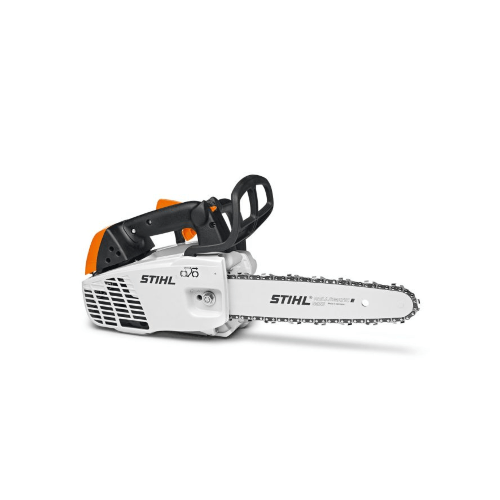 STIHL MS 194 T petrol chainsaw, top-handle design for tree surgeons and arborists, durable and versatile tool.