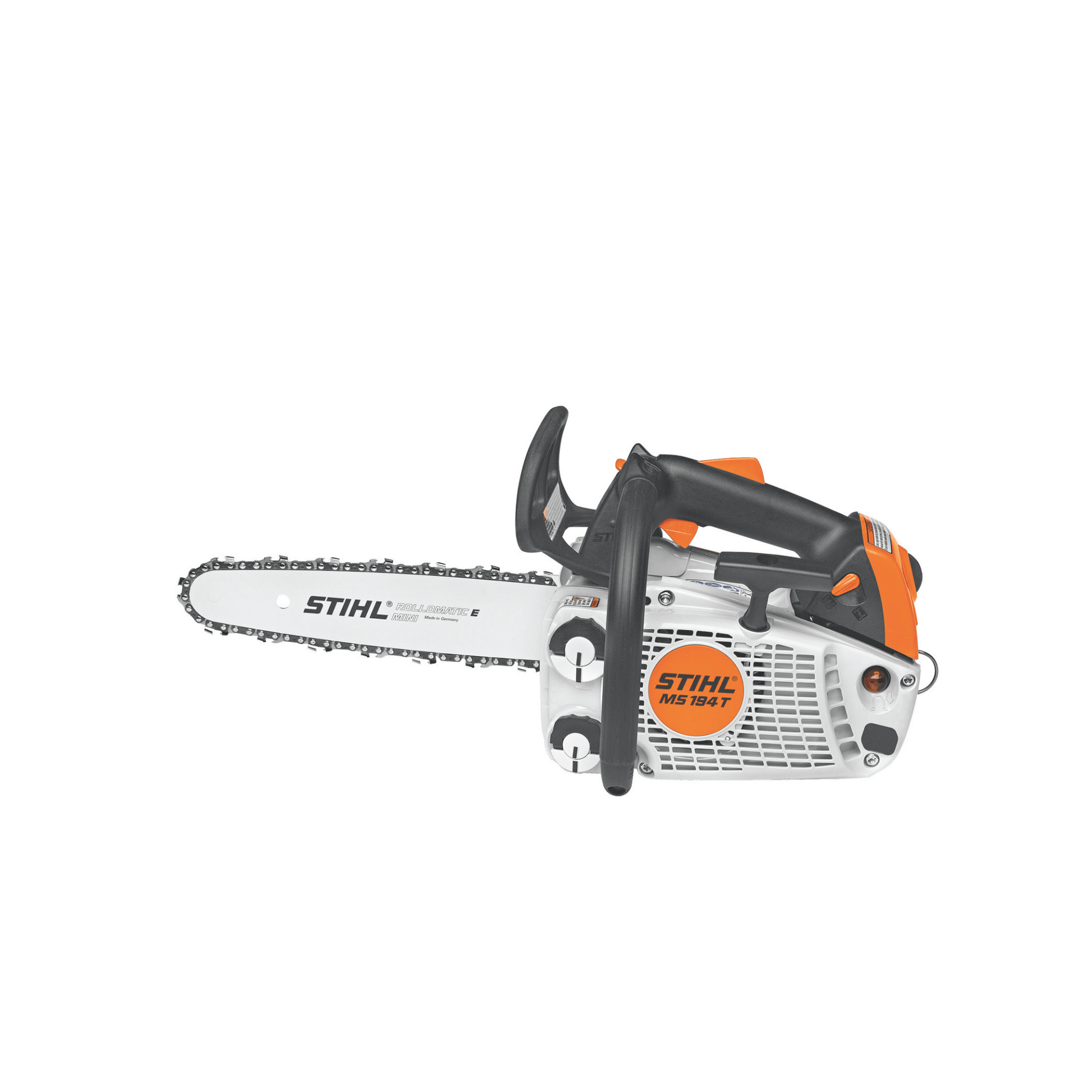STIHL MS 194 T top-handle petrol chainsaw for tree surgeons and arborists, showcasing robust design and versatility.