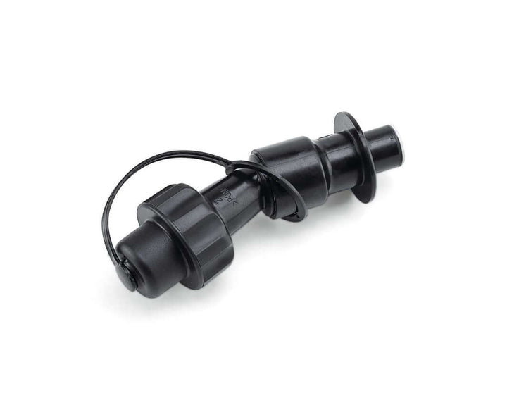 A black STIHL non-spill combination can fuel spout designed for easy and safe fuel transfer to chainsaw tanks.