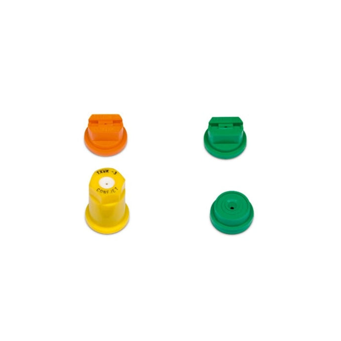 Nozzle set for Stihl sprayers featuring fan jet and hollow cone nozzles in orange, yellow, and green.