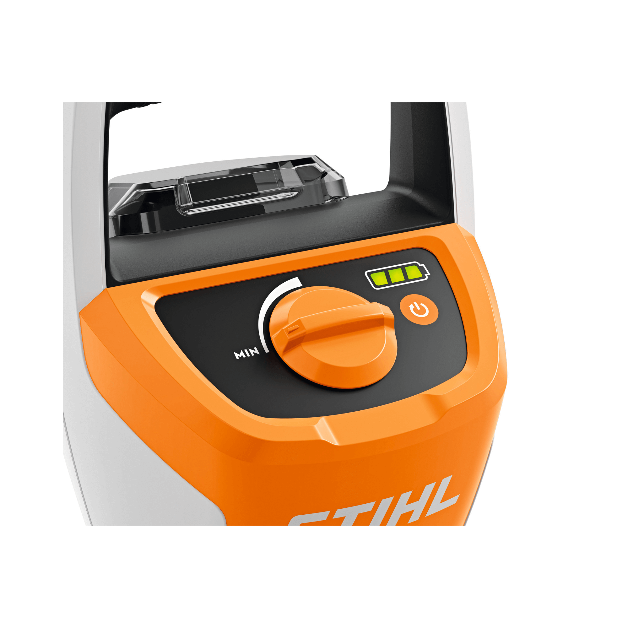 STIHL PKA 30 Cordless Pump Head control panel showing power button and pressure settings.