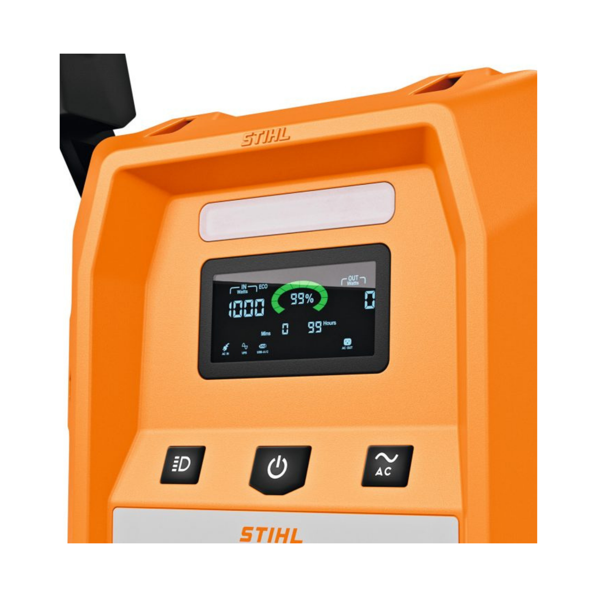 STIHL PS 2000 Portable Power Supply charge display and output ports close-up.