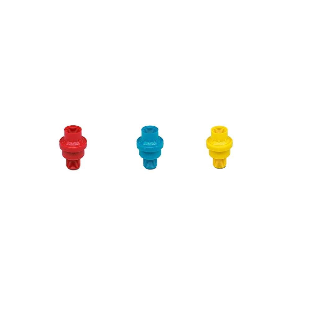 Colorful garden sprayer pressure valves in red, blue, and yellow for effective insecticide and fungicide application.