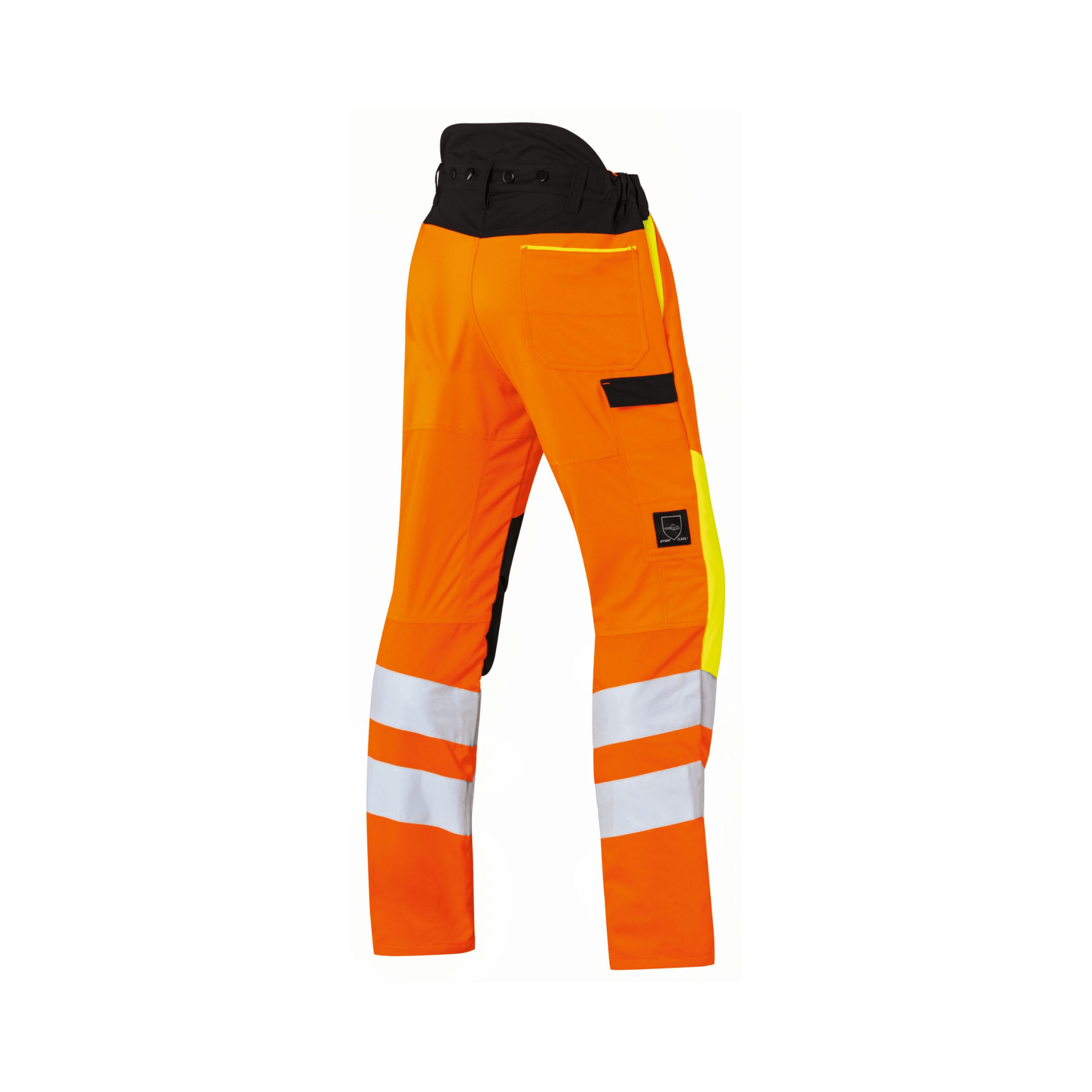 Protect MS High Visibility Chainsaw Trousers Type A in high-visibility orange for tree surgeons.