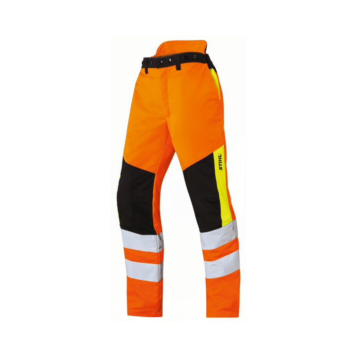 Protect MS High Visibility Chainsaw Trousers Type A for tree surgeons with high-visibility panels.