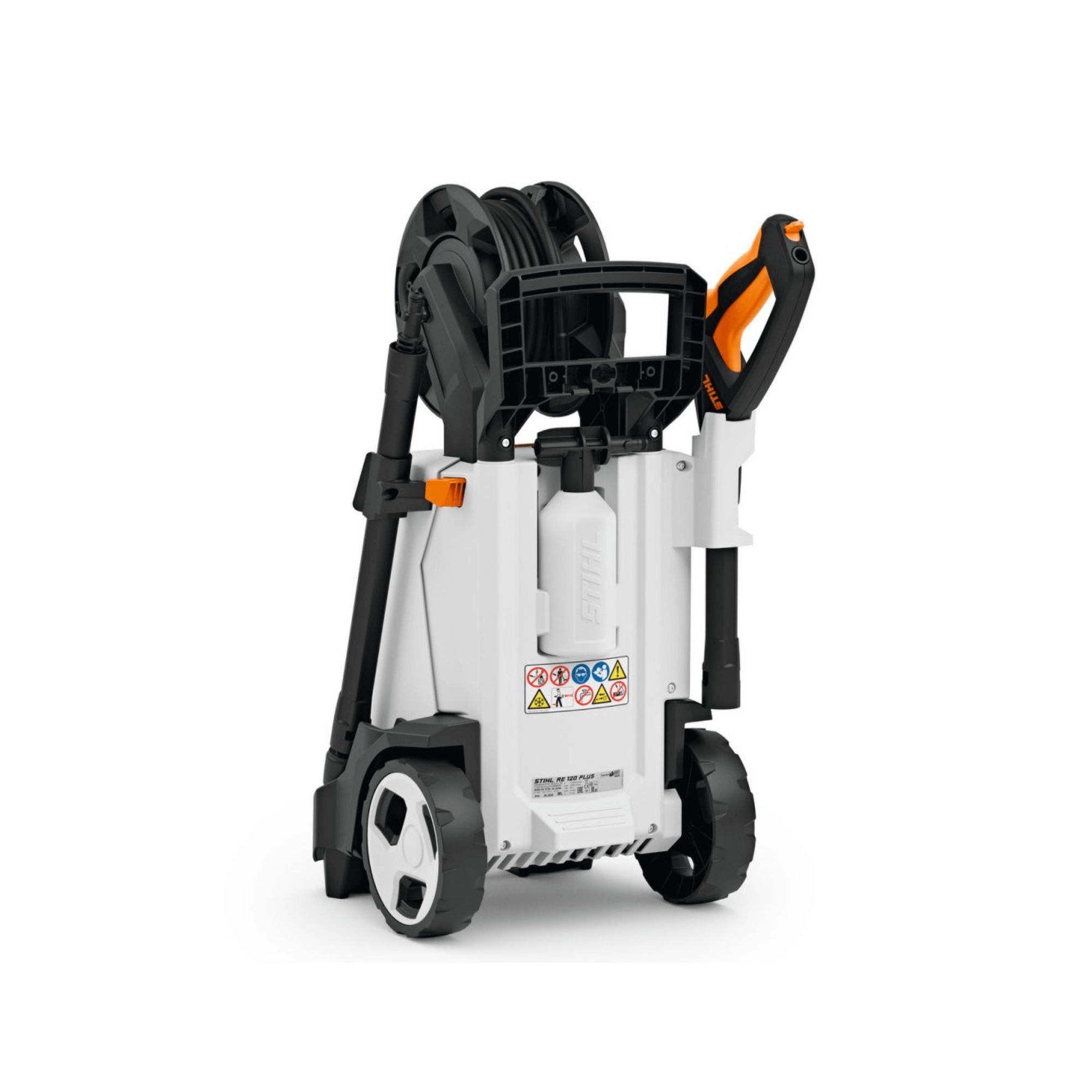 STIHL RE 120 PLUS Pressure Washer with hose reel and telescopic handle for home and garden cleaning.