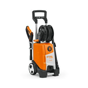 STIHL RE 120 PLUS Pressure Washer with hose reel and telescopic handle for home and garden cleaning.