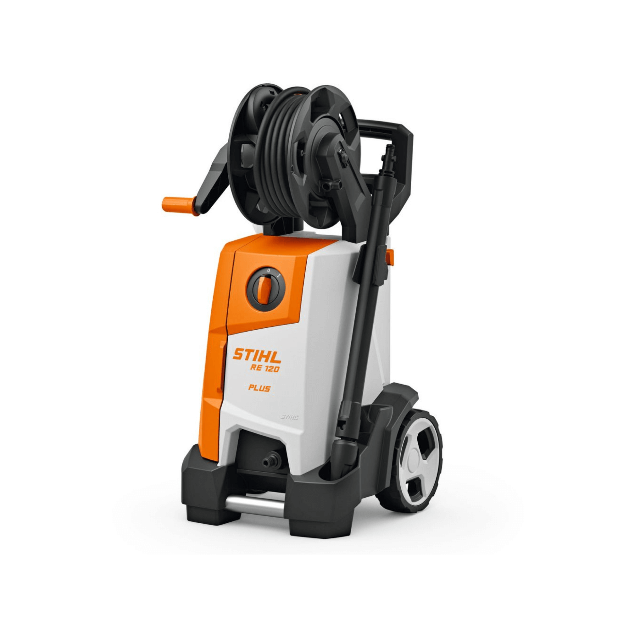 STIHL RE 120 PLUS Pressure Washer with hose reel and telescopic handle for efficient cleaning tasks.