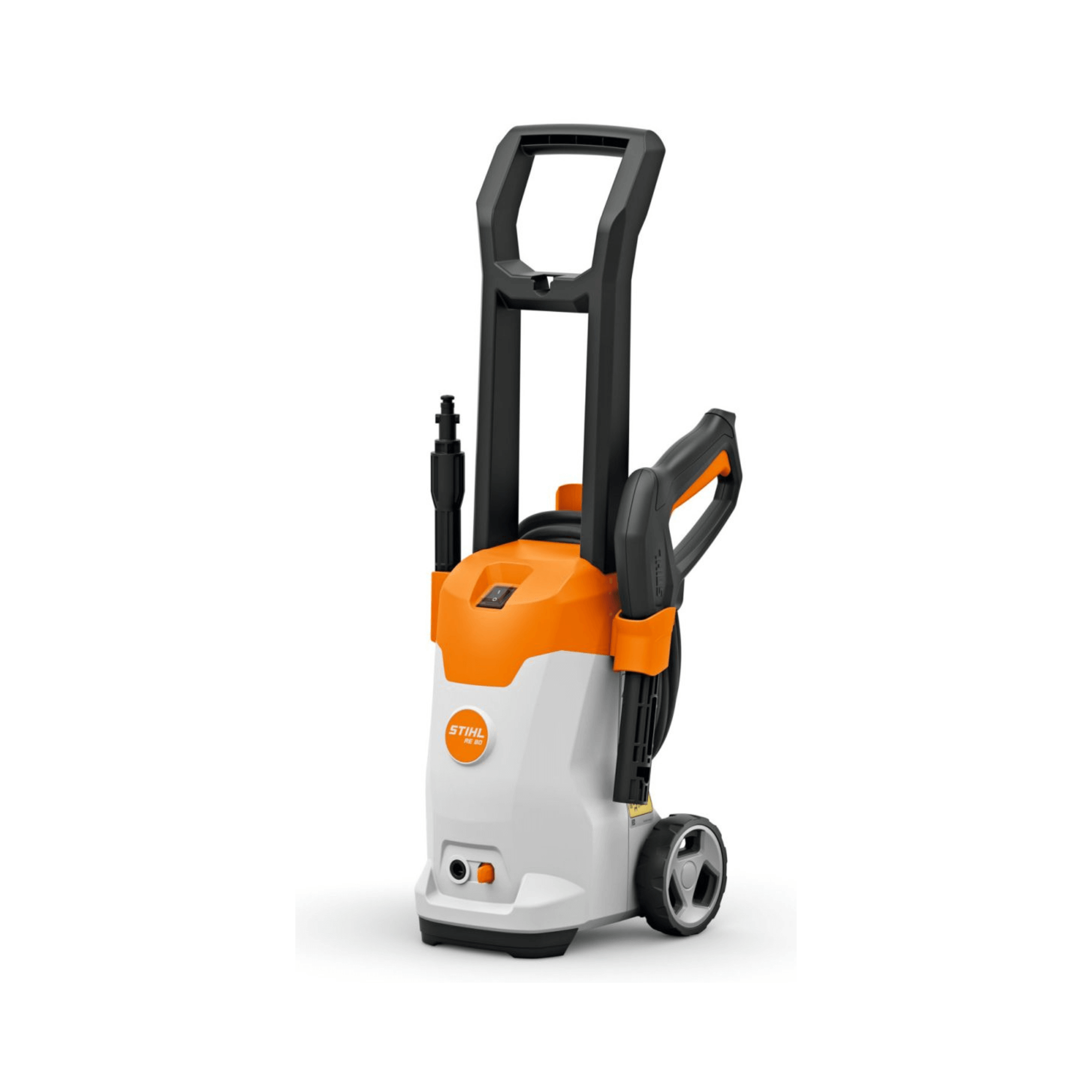 STIHL RE 80 Electric Pressure Washer with wheels and handle for easy mobility during cleaning tasks.