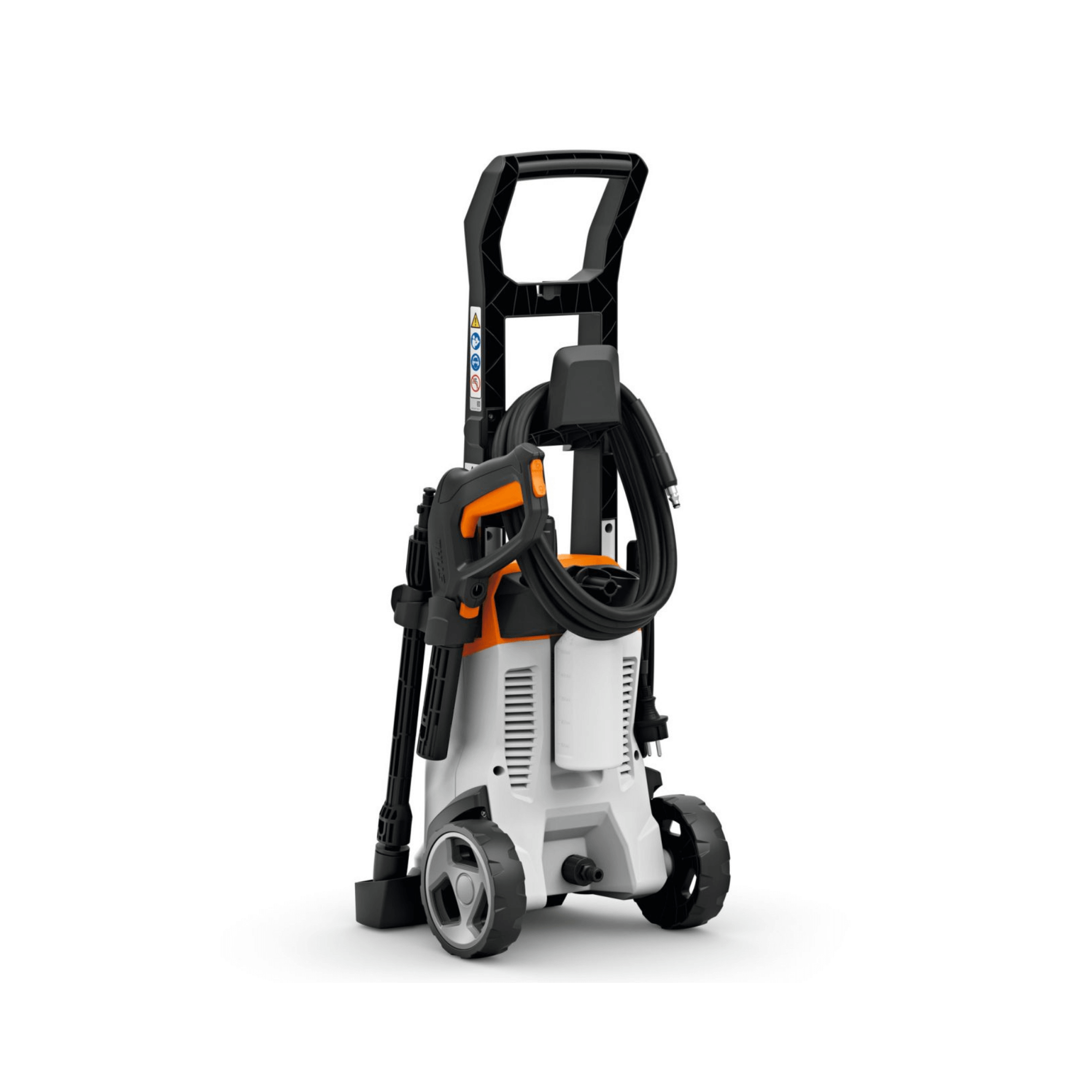 STIHL RE 90 Electric Pressure Washer with integrated wheel kit and high-pressure hose storage.