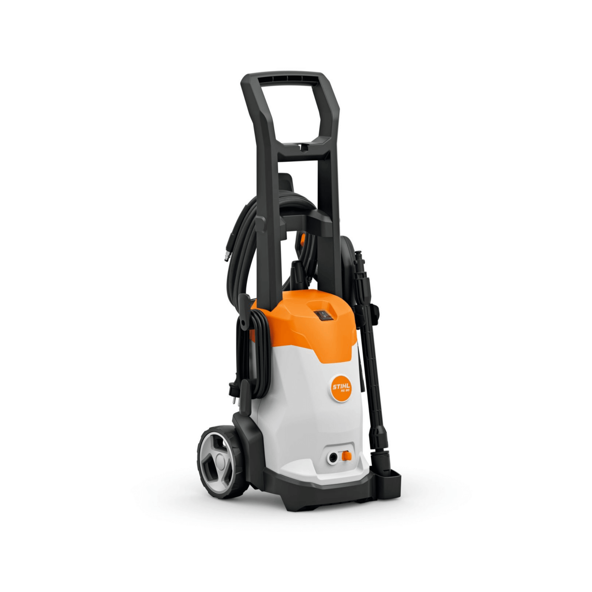STIHL RE 90 Electric Pressure Washer with compact design and integrated wheel kit for home cleaning.
