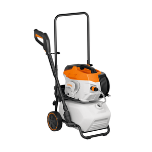 White and orange pressure washer with a black handle on a white background