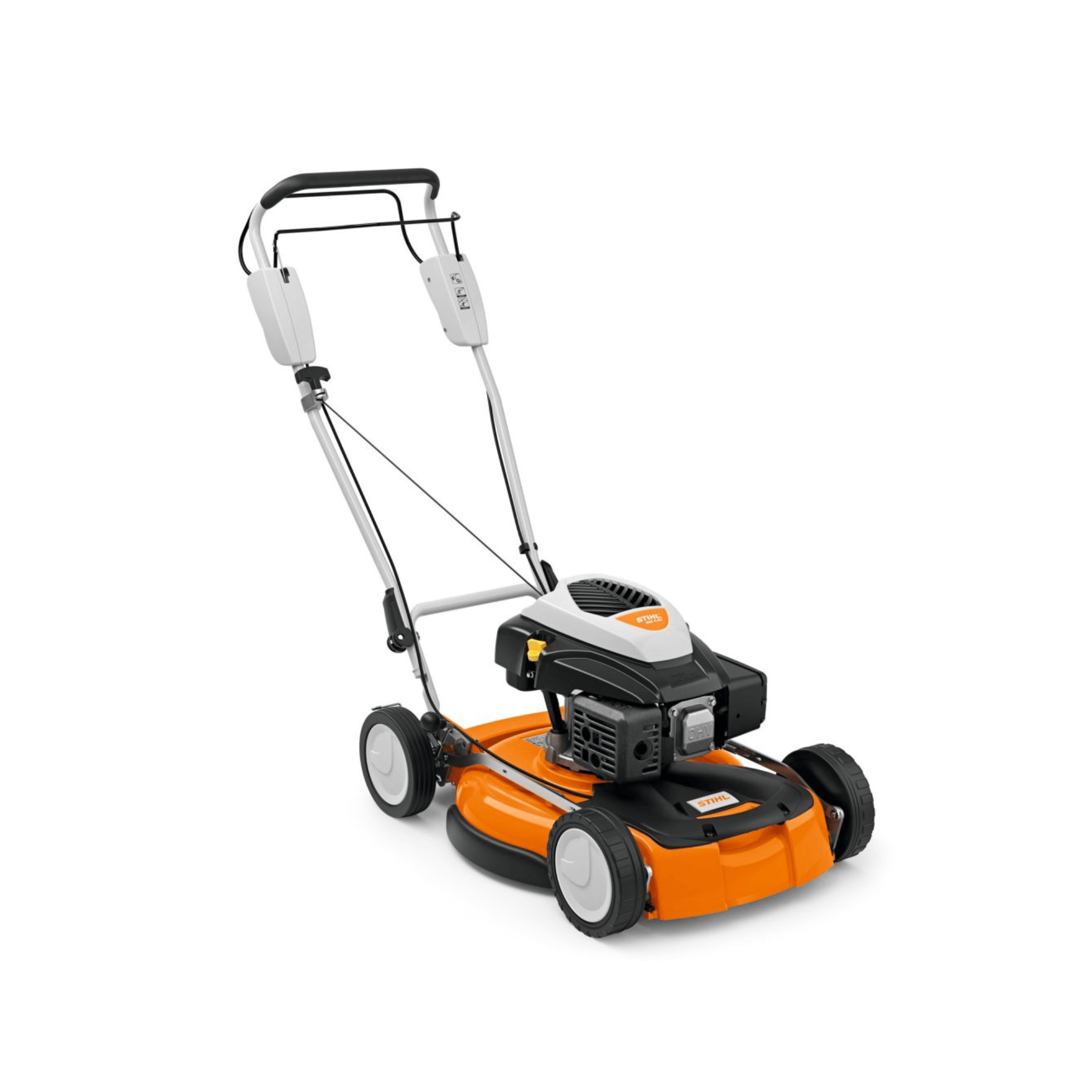 STIHL RM 4 RT Petrol Mulching Lawn Mower side view showcasing robust design and self-propelled features.