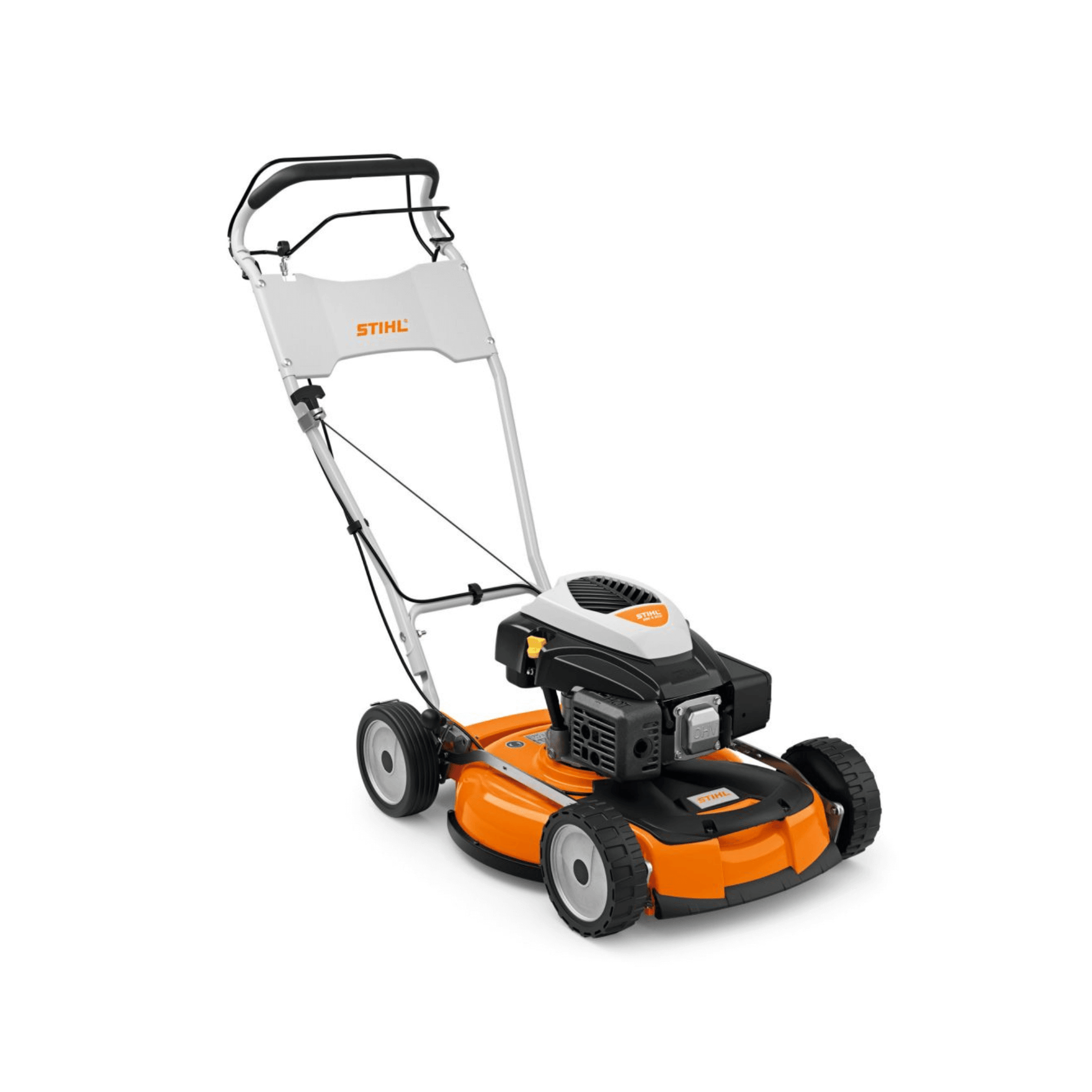 STIHL RM 4 RTP Petrol Mulching Lawn Mower featuring self-propelled design and 53 cm cutting width.