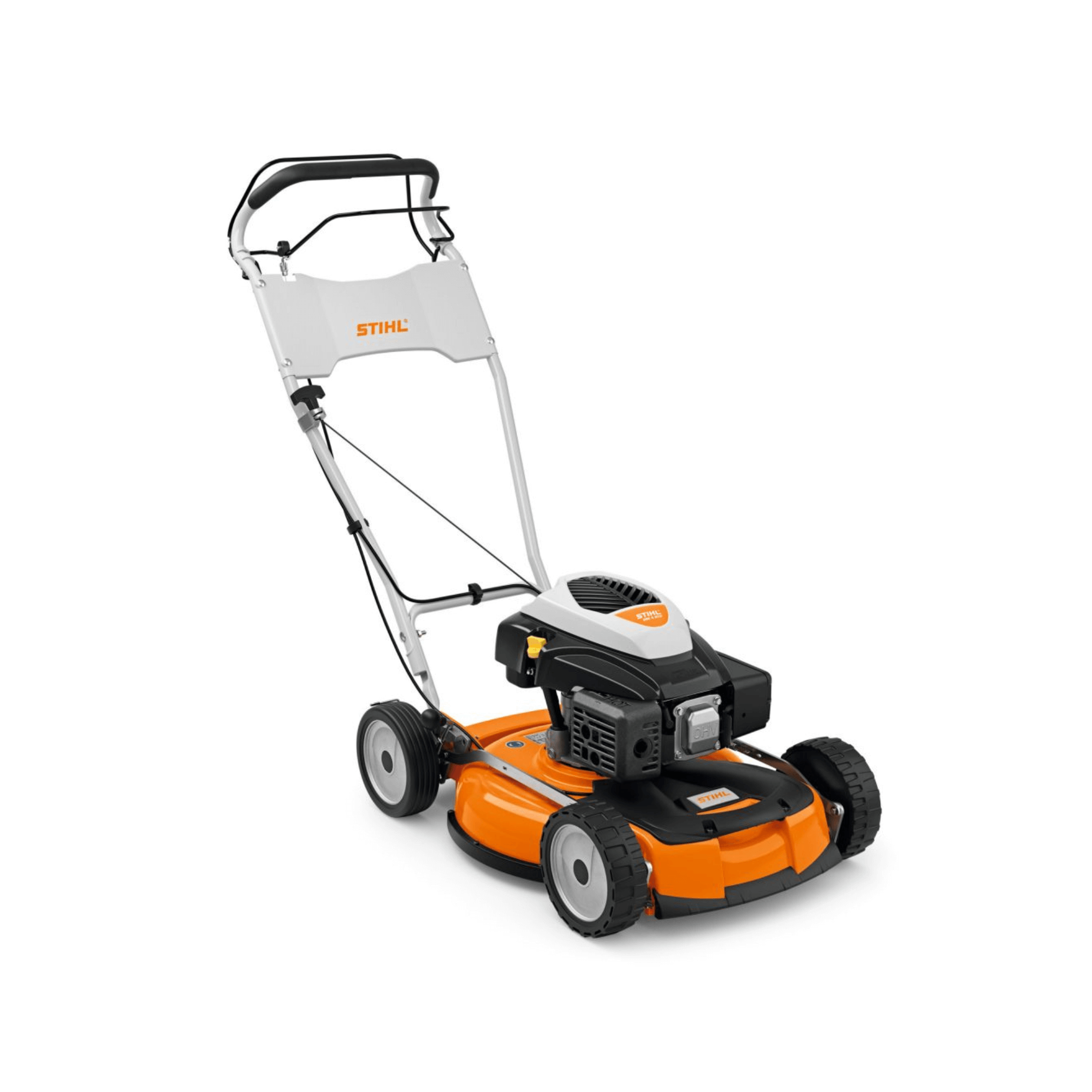 STIHL RM 4 RTP Petrol Mulching Lawn Mower featuring self-propelled design and 53 cm cutting width.
