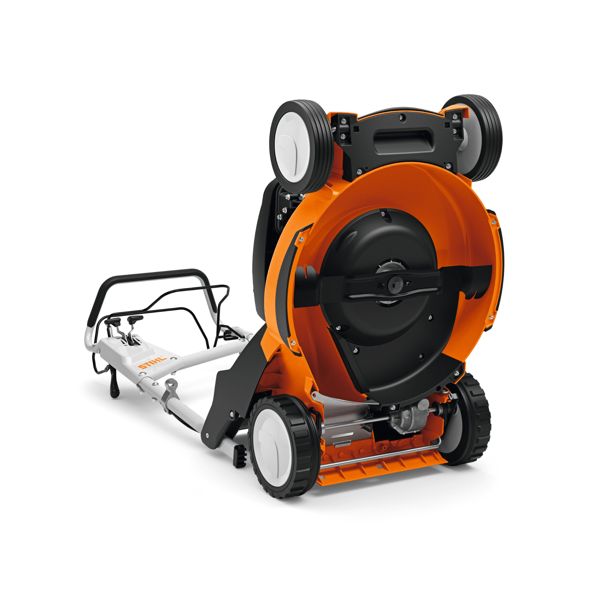 STIHL RM 655 VS Petrol Lawn Mower rear view showcasing the powerful design and robust features.