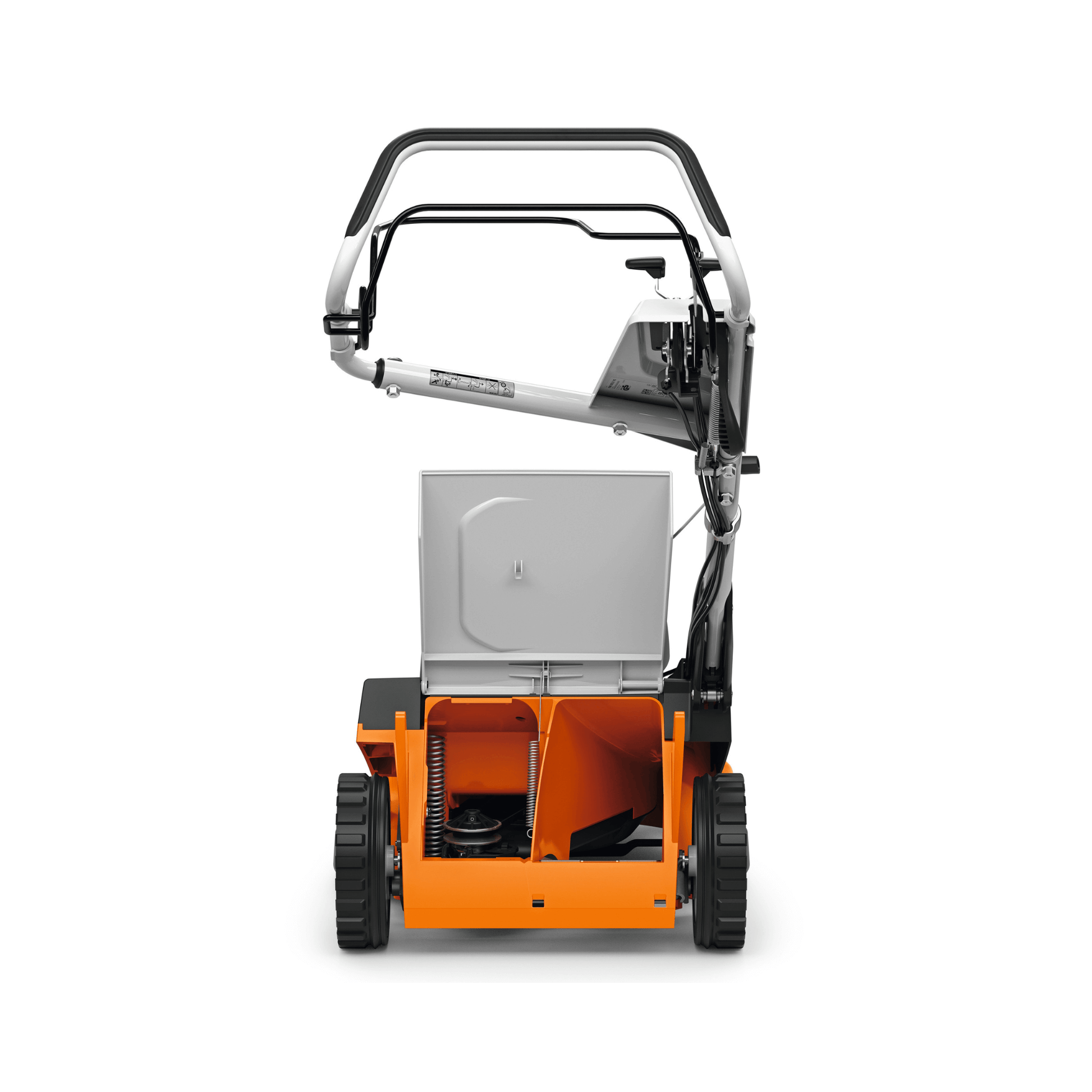 Back view of RM 655 VS Petrol Lawn Mower showcasing the cutting mechanism and collection box.