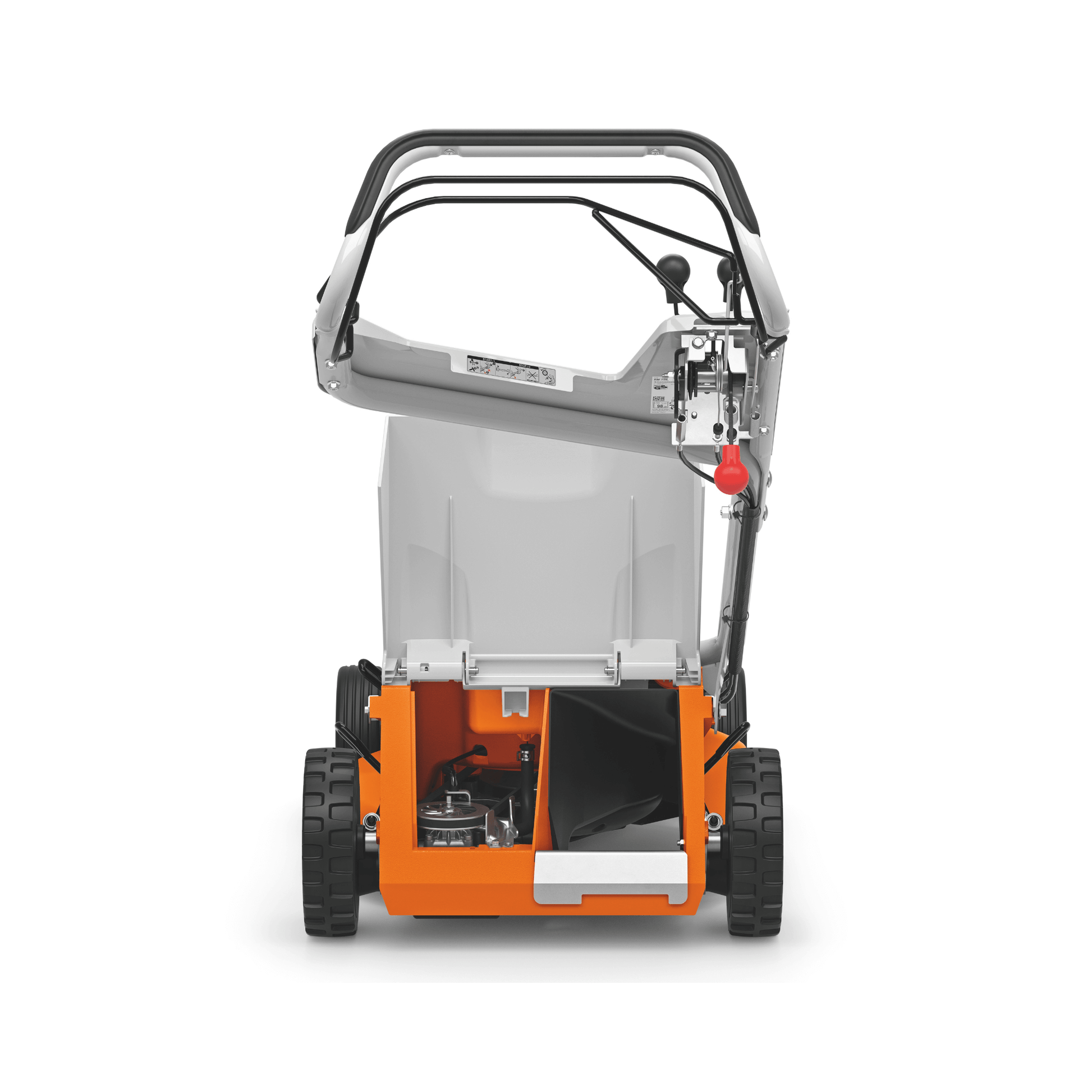 RM 756 YC Petrol Lawn Mower rear view showcasing engine and design features.