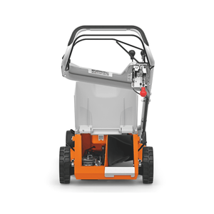 RM 756 YC Petrol Lawn Mower rear view showcasing engine and design features.