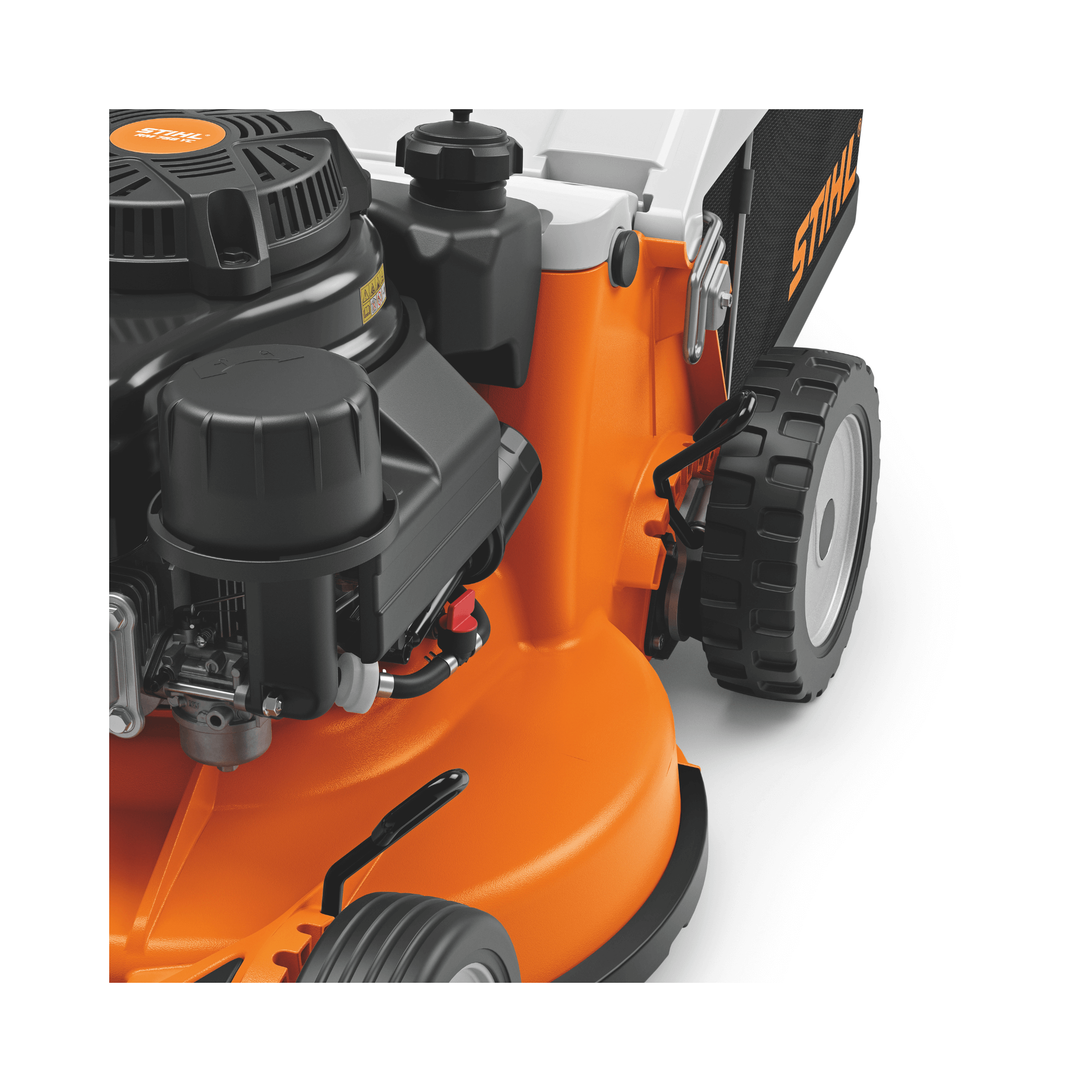 RM 756 YC Petrol Lawn Mower engine and wheel close-up, showcasing powerful performance for large gardens.
