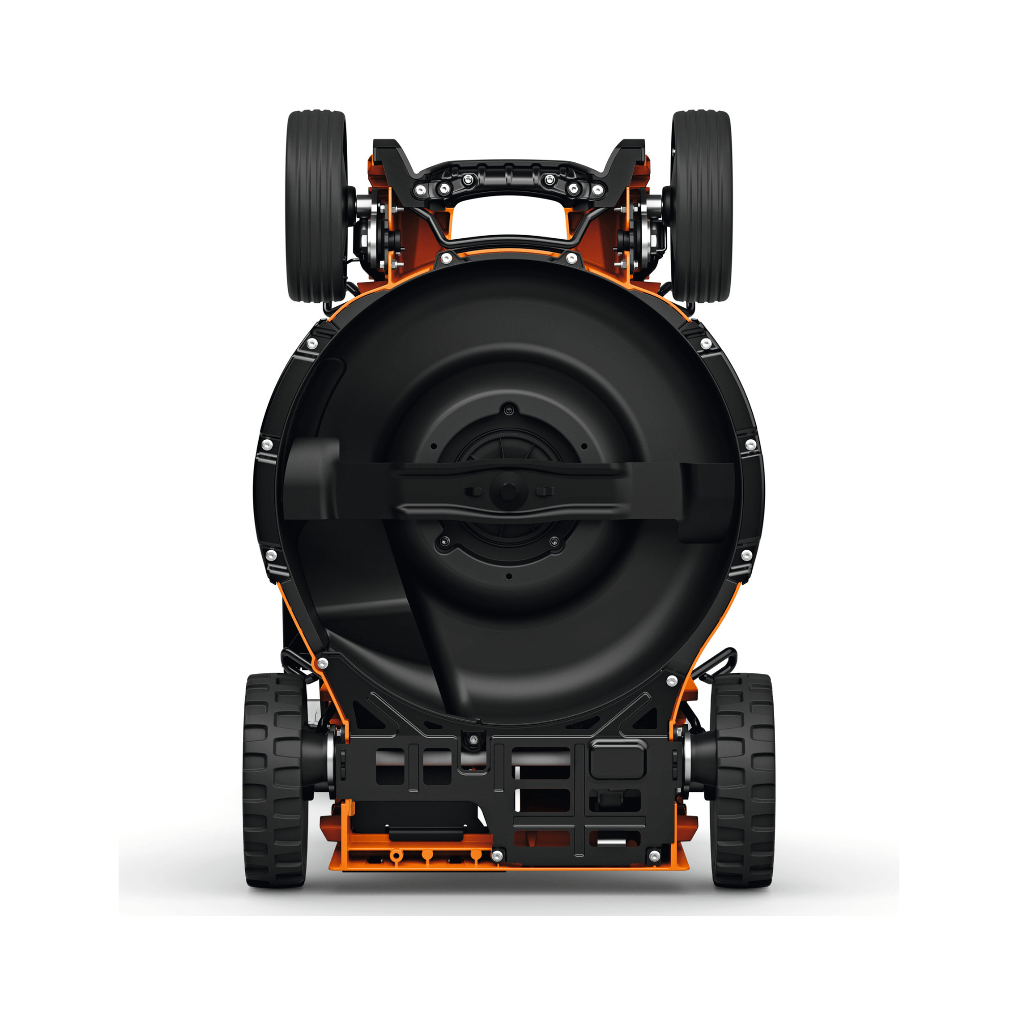 RMA 750V Professional Cordless Lawnmower underside view showcasing the mower's design and build quality.
