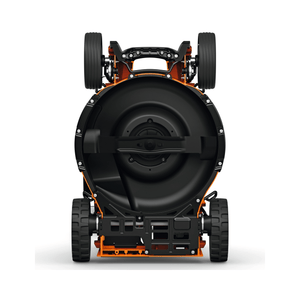 RMA 750V Professional Cordless Lawnmower underside view showcasing the mower's design and build quality.