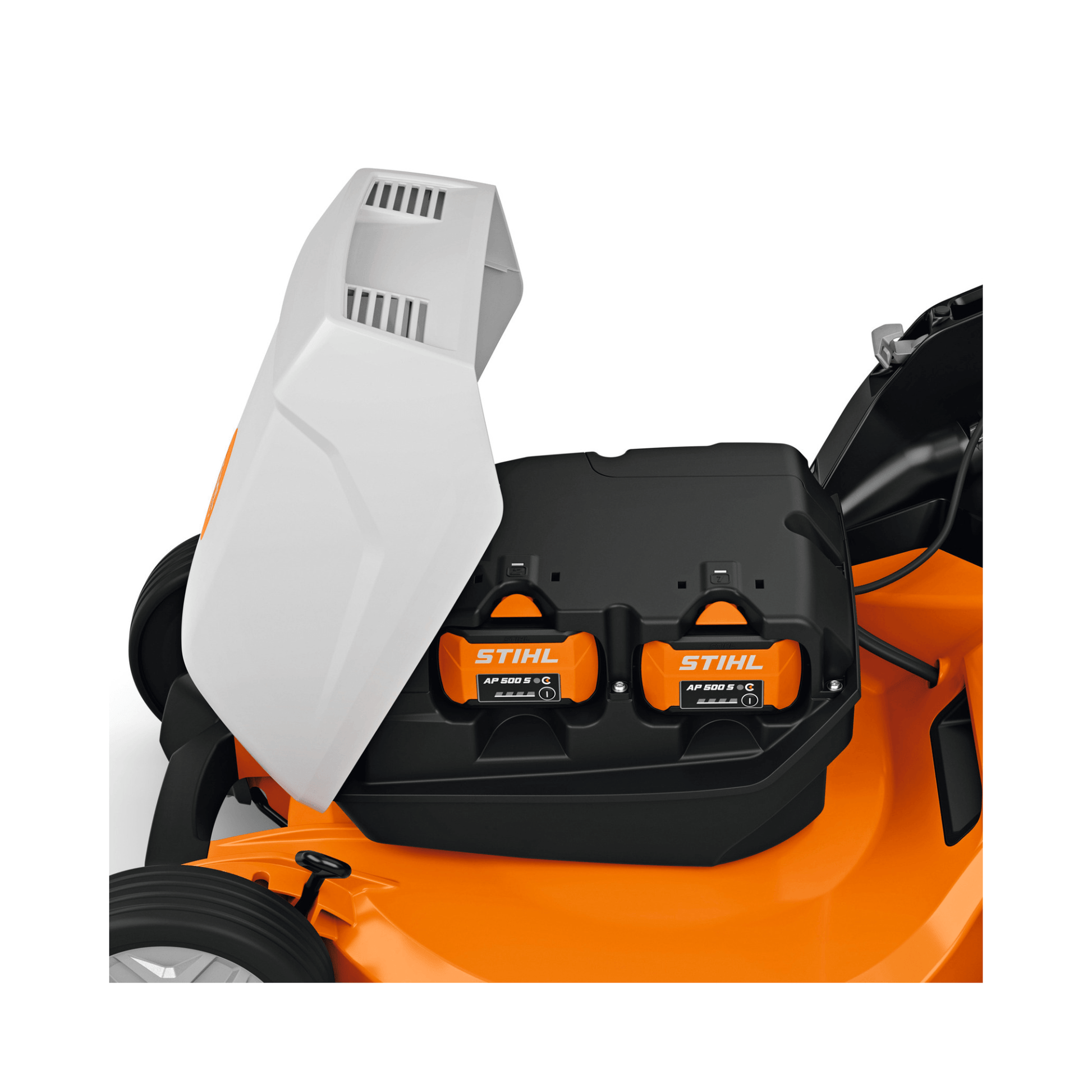 STIHL RMA 756V Professional Cordless Lawnmower with two AP batteries in compartment