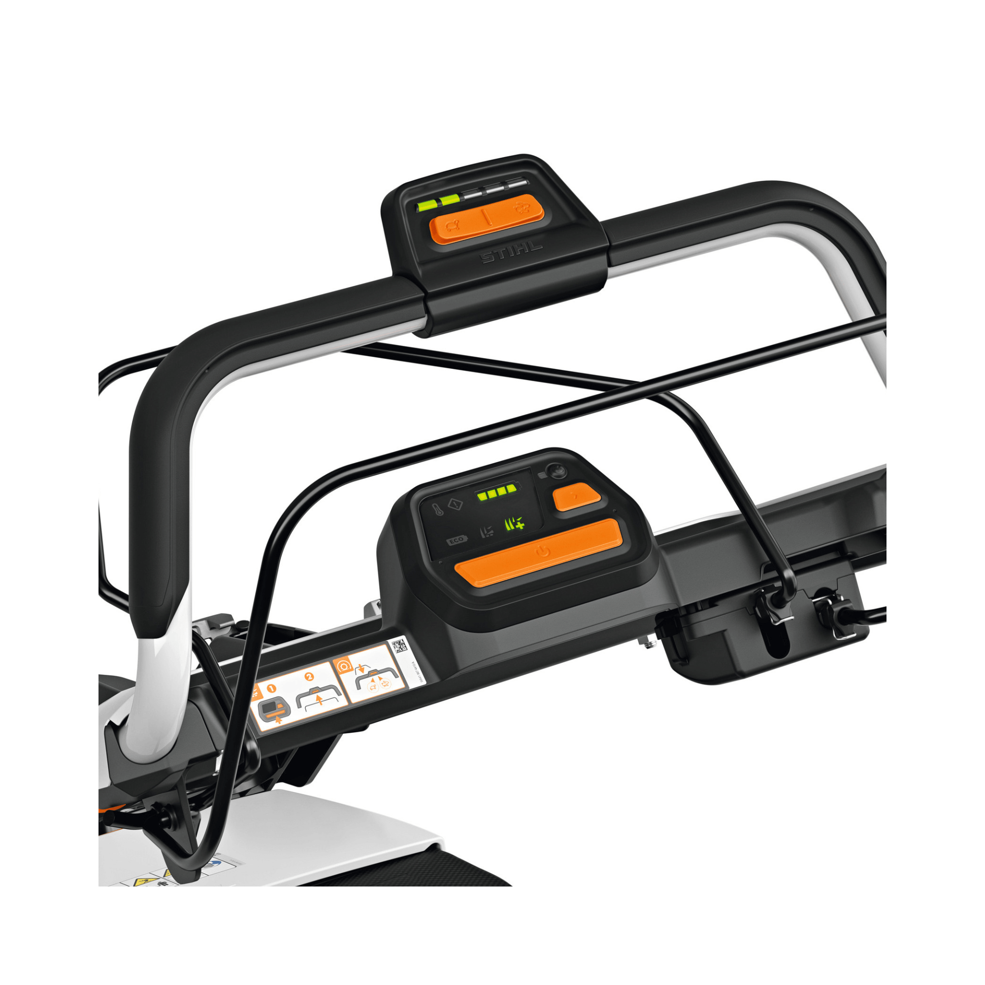 RMA 756V Professional Cordless Lawnmower control panel display and handles for easy operation.
