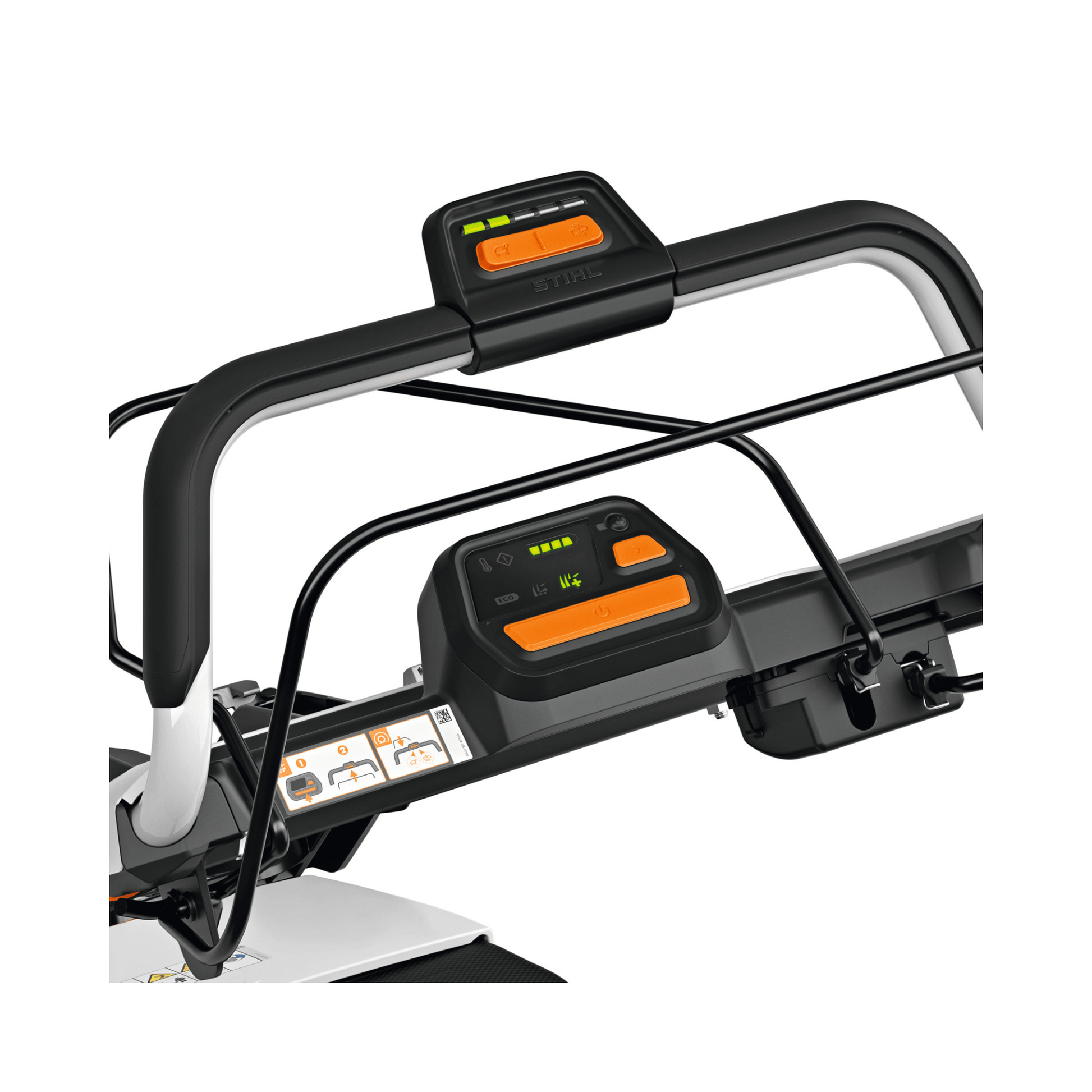 RMA 756V Professional Cordless Lawnmower control panel display and handles for easy operation.