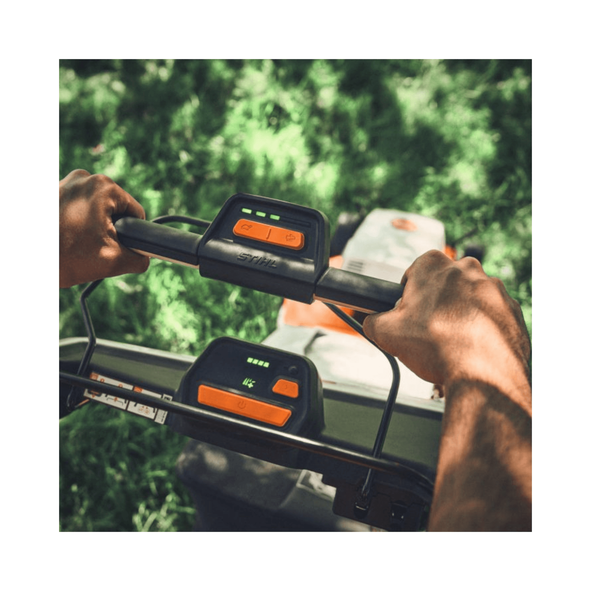 User operating the STIHL RMA 756V Professional Cordless Lawnmower with ergonomic controls.