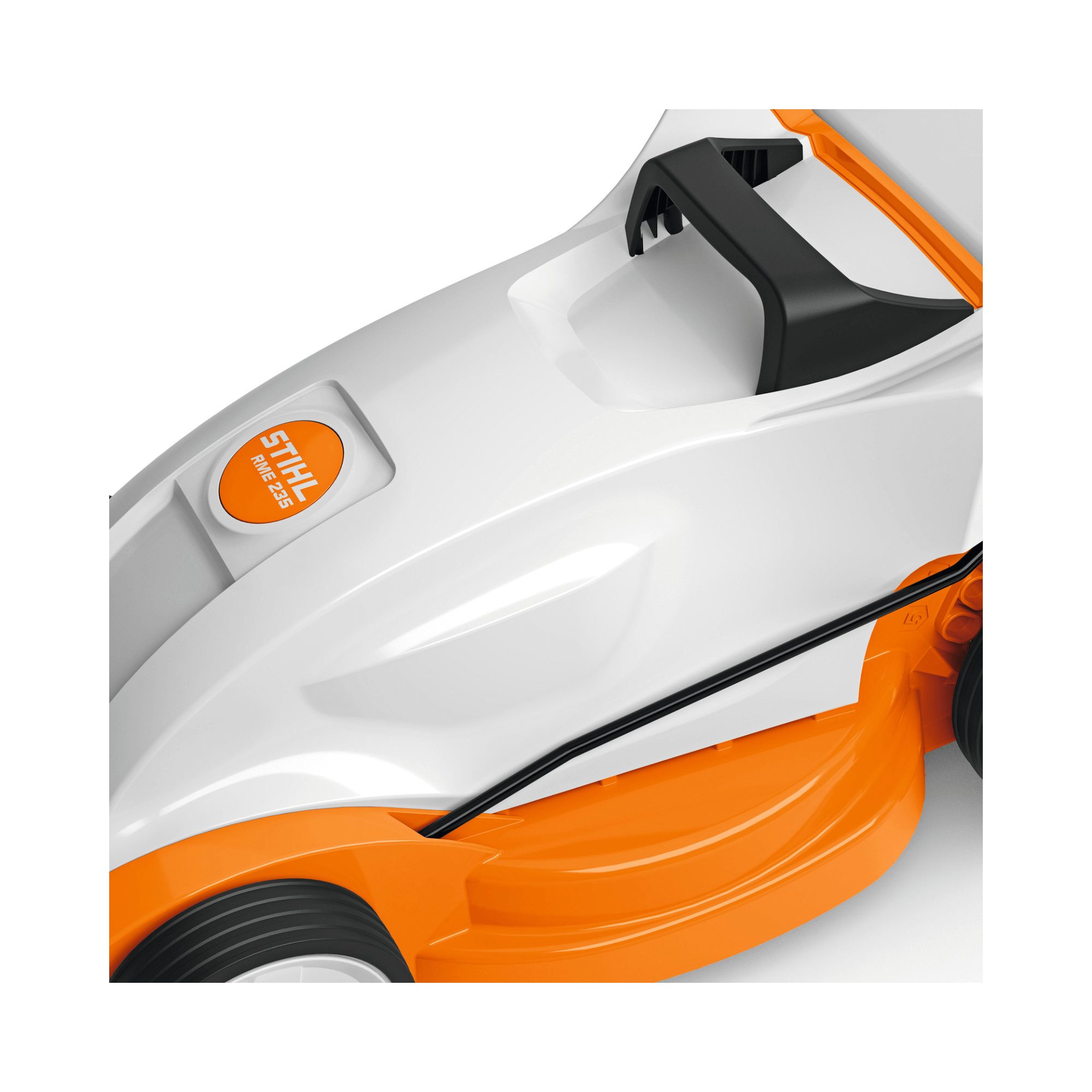 RME 235 Electric Lawn Mower close-up view showcasing its lightweight design and ergonomic handle.