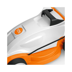 RME 235 Electric Lawn Mower close-up view showcasing its lightweight design and ergonomic handle.