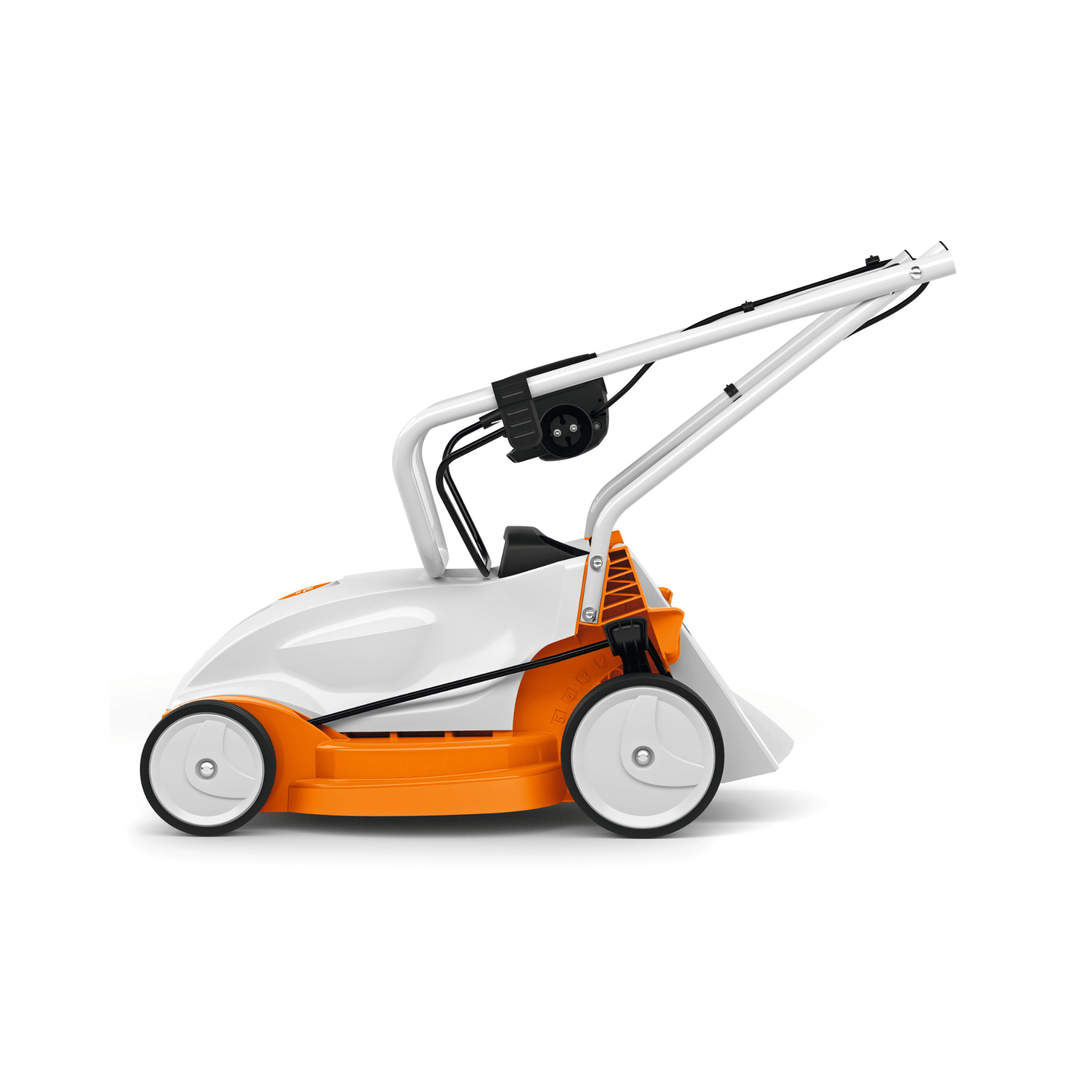 RME 235 Electric Lawn Mower shown from the side, compact design ideal for small gardens and urban spaces.