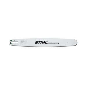STIHL Rollomatic E Chainsaw Guide Bar 20" on a white background, showcasing its lightweight design and branding.